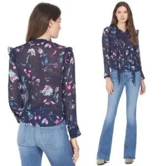 Tanya Taylor Tops - Tanya Taylor Silk Floral Button-Down Blouse Tie Front & Ruffle Detail Size 6
